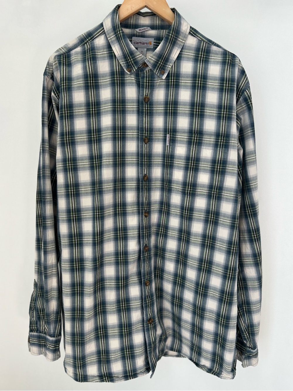 Carhartt XL Tall Plaid Button Down Shirt 100% Cotton Relaxed Fit Green White